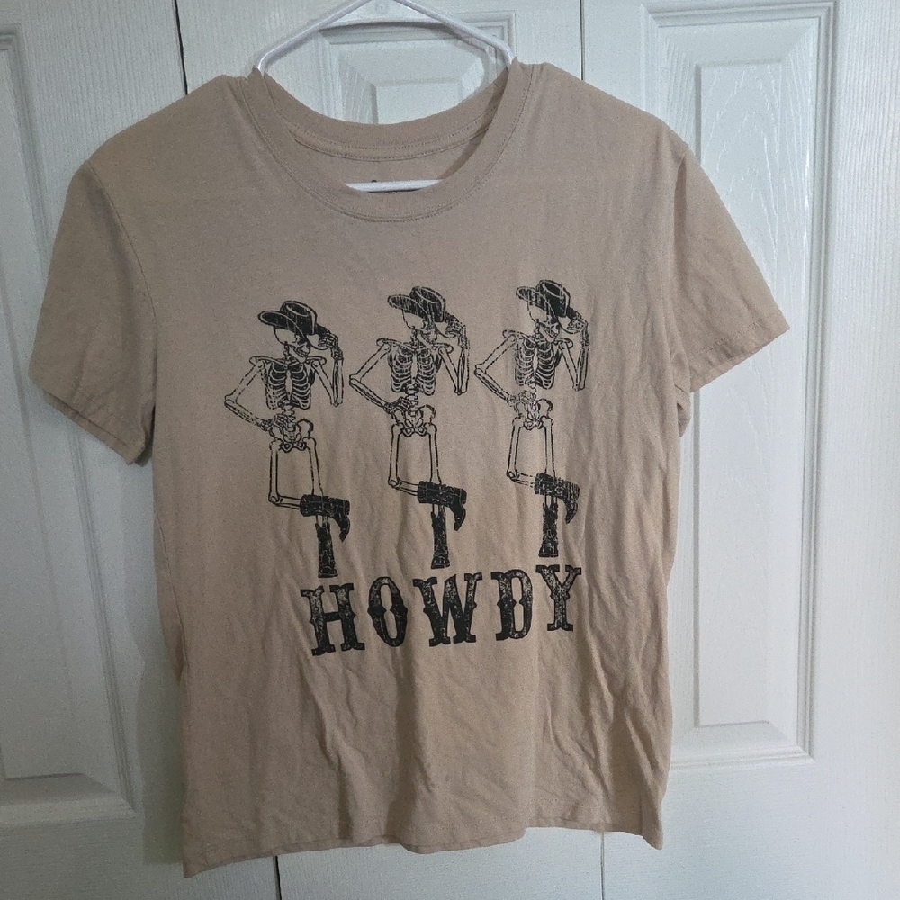 Tan Graphic Tee with Skeleton Cowboys